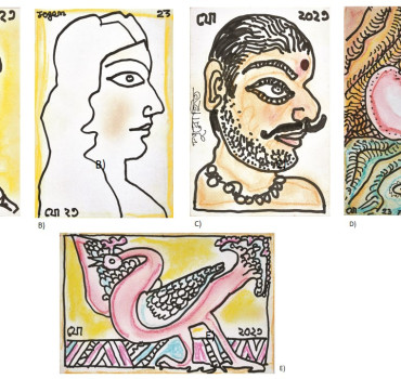 A)Woman I ;  B) Woman II ; C) Purohit  ; D) Untitled ; E) Peacock (set of 5)