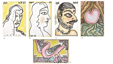 A)Woman I ;  B) Woman II ; C) Purohit  ; D) Untitled ; E) Peacock (set of 5) | A) B) C) D) : 6 x 4 in. each ; E) :4 x 6 in.