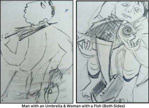 Man with an Umbrella & Woman with a Fish (Both Sides) | 7 x 5 in.